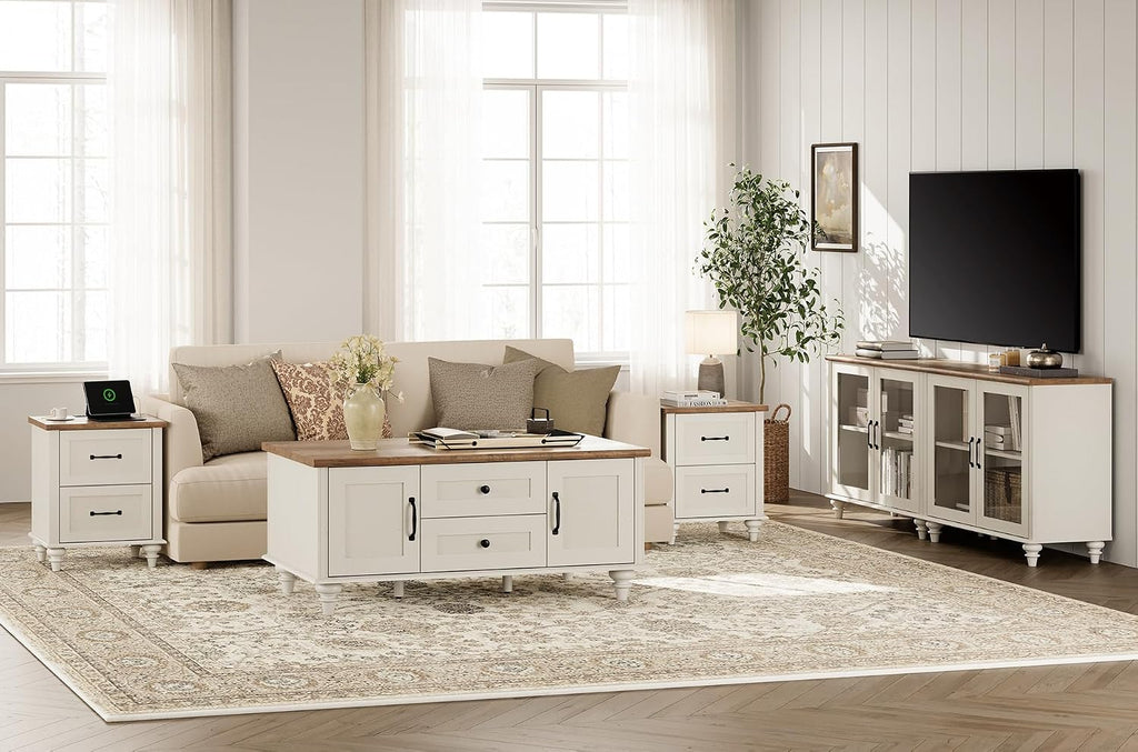 WAMPAT Off White Nightstand with Charging Station, 20 Inch Night Stand with 2 Drawers, Wooden Rustic Bedside Table End Tables with Solid Wood Legs for Bedroom