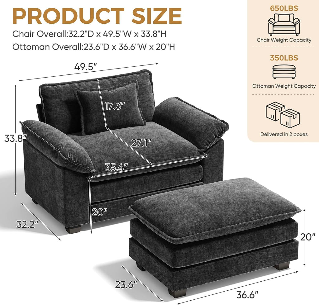 HUSFU Oversized Accent Chair with Ottoman, Chenille Cloud Couch Chair with Deep Seat and Extra Wide Armrests, Comfy Reading Armchair for Bedroom, Living Room, Set of 2, Black