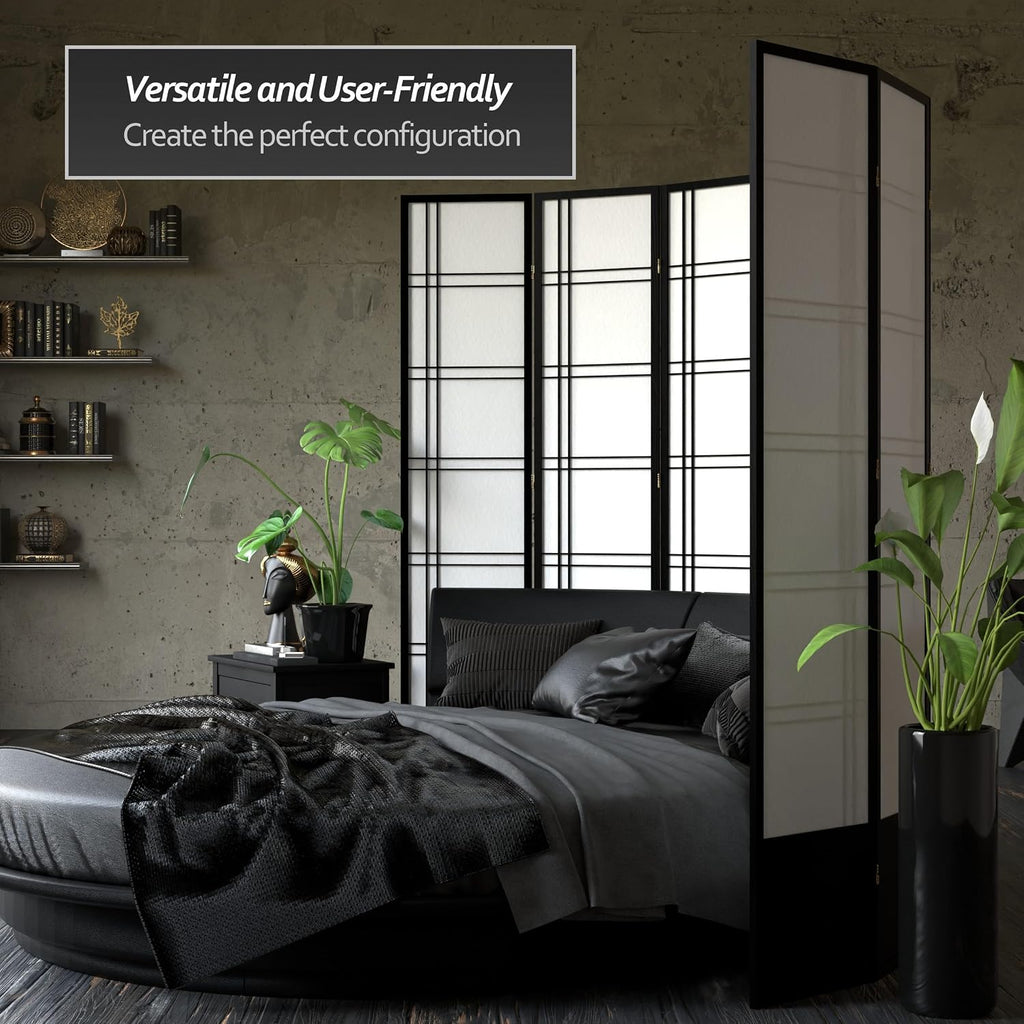 Red Lantern 7 ft. Tall Double Cross Shoji Screen - Black - 5 Panels