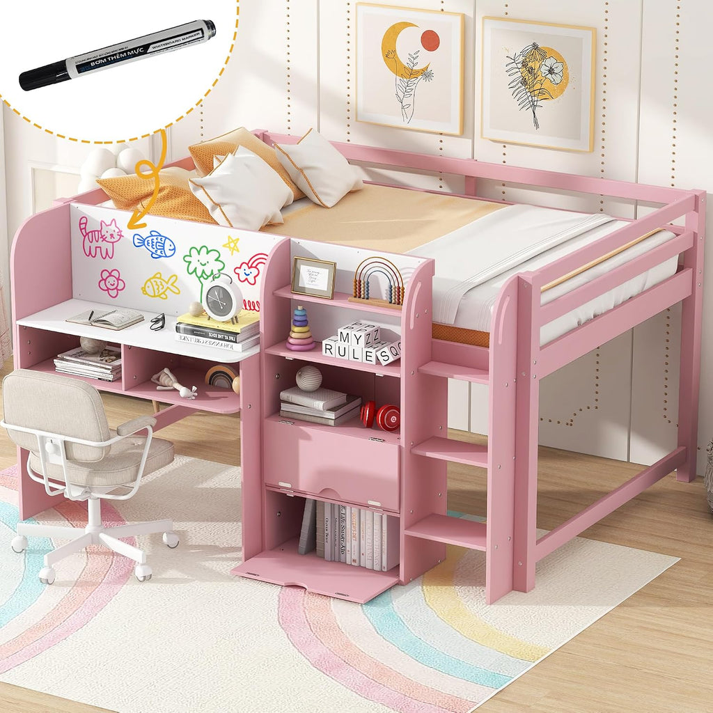 JIVOIT Full Size Loft Bed with Built-in Desk, Wooden Low Loft Bed with Storage Cabinets and Open Bookcase, Whiteboard for Graffiti, Safety Guardrail & Ladder, Easy Assembly (Pink//57)