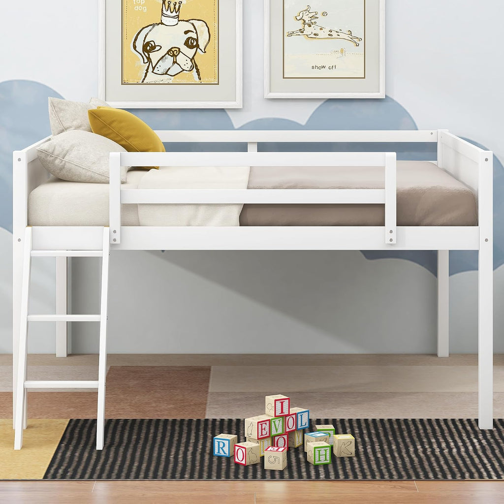 Full Size Loft Bed, Wood Loft Bed with Convertible Ladder, Ladder can be Placed on the Left or Right, Low Loft Bed with Full-Length Guardrails, No Box Spring Required (White,Full & Convertible Ladder)