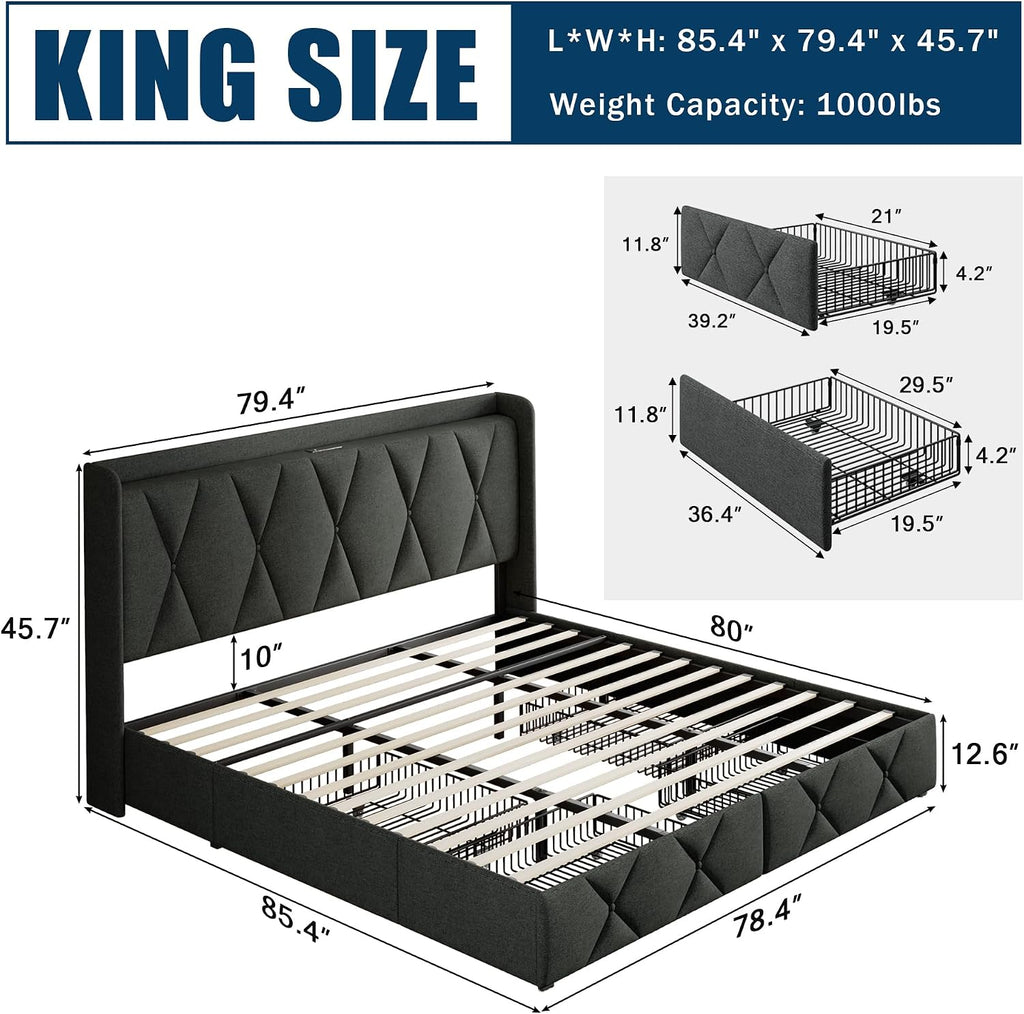 GalnFu King Size Bed Frame with 4 Storage Drawers, Upholstered Platform Bed with Charging Station, Modern Wingback Storage Headboard, Easy Assembly,Noise-Free, Dark Gray