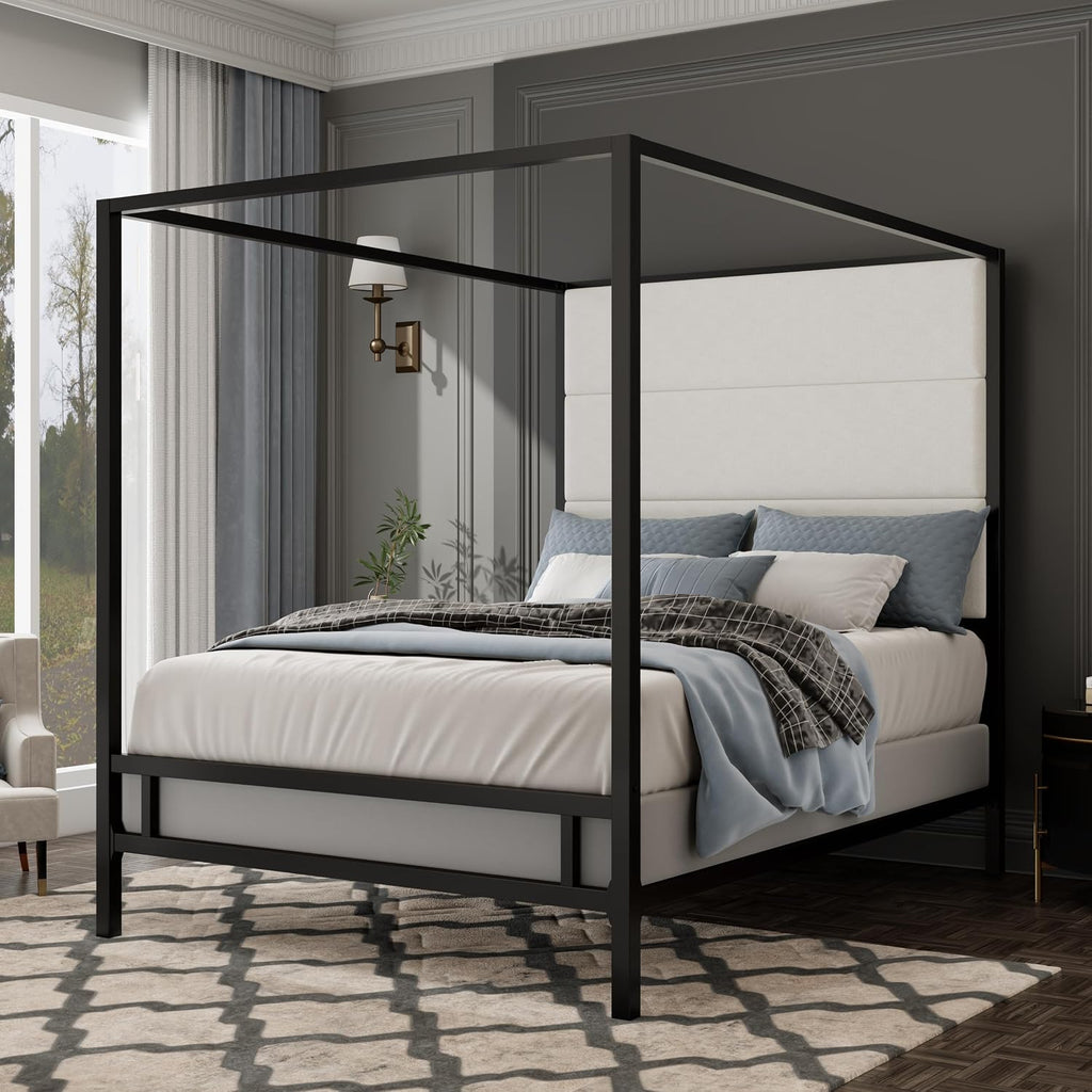 Modern Metal King Size Canopy Platform Bed with with Tall Linen Fabric Upholstered Headboard and 4 Poster Design, Box Spring Needed (Black+White, King)