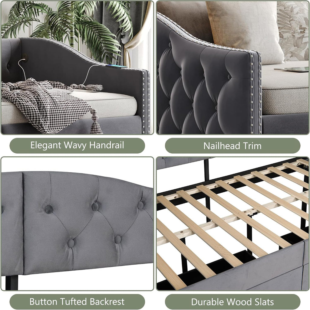 Twin Size Daybed with Storage Drawers, Upholstered Daybed with 2 USB Ports, Sturdy Metal and Wood Frame,Day Bed for Bedroom, No Box Spring Needed, Grey