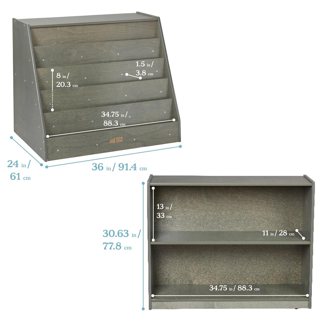 ECR4Kids Double-Sided Mobile Book Display with Storage Shelves, Classroom Bookshelf, Grey Wash