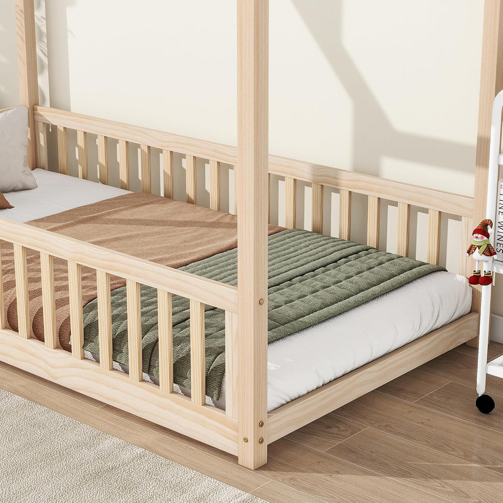 Twin Floor Bed with Slats, Twin Floor Bed for Children, Wooden Montessori Bed with Fence, House Bed for Boys Girls Bedroom - Natural
