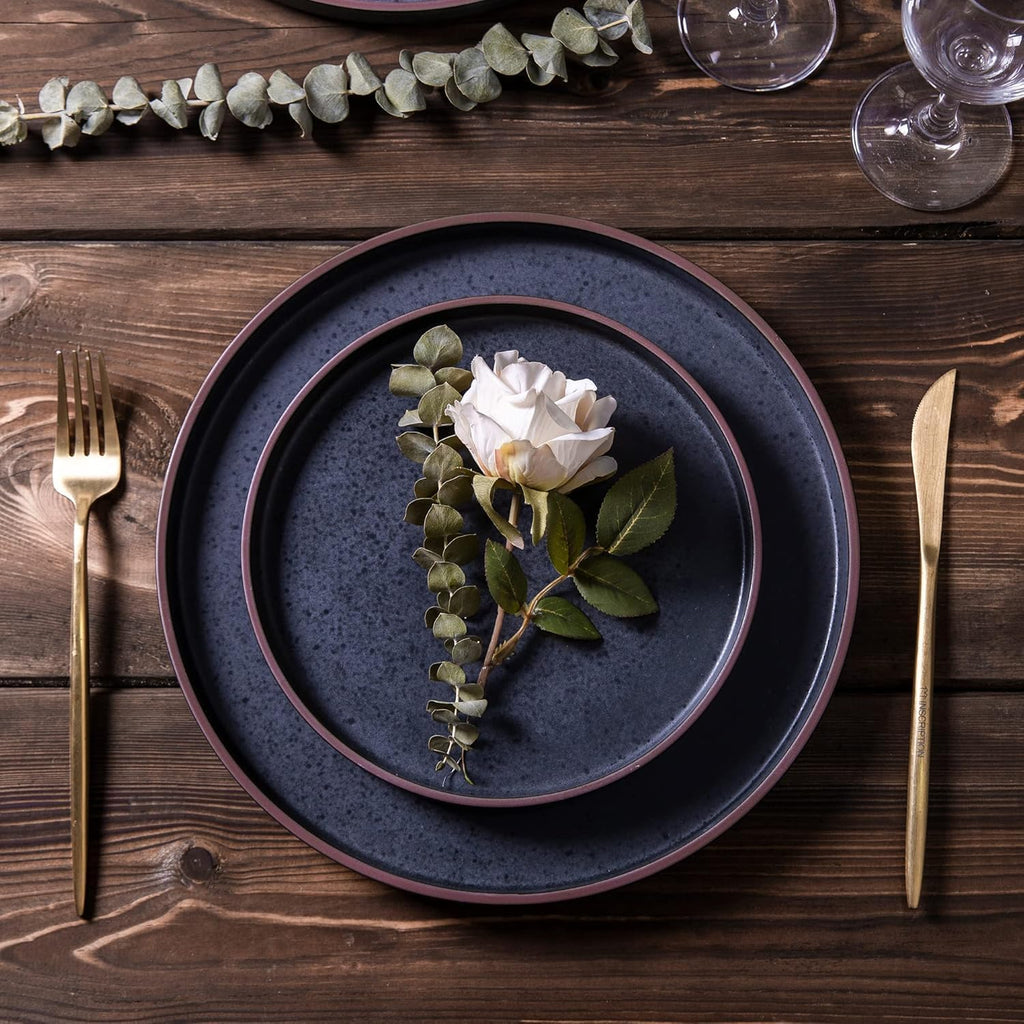 LERATIO Ceramic Dinnerware Sets for 8, High Edge Stoneware Plates and Bowls Set, Chip and Crack Resistant | Oven & Dishwasher & Microwave Safe Dishes Set, Service for 8 -Ashen