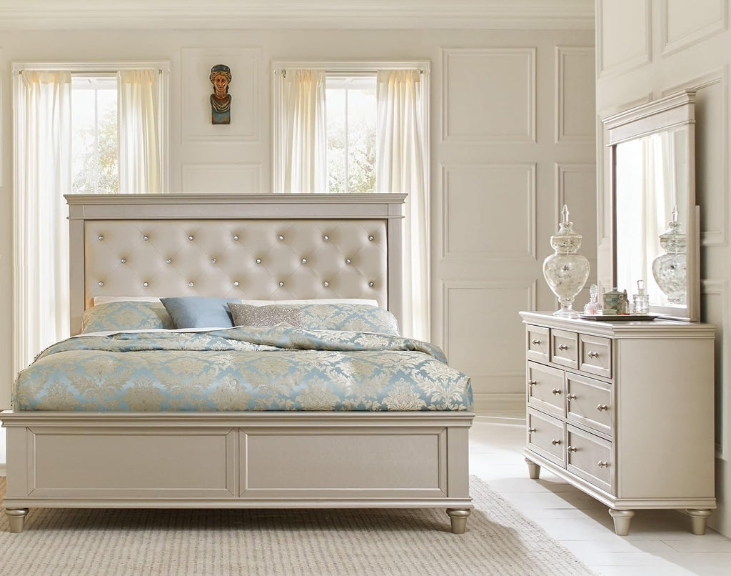 3-Pieces Full Size Panel Bed Set Silver Finish Traditional Bedroom Furniture Romantic Aesthetic