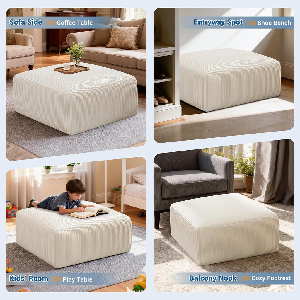 40' Oversized Large Square Corduroy Ottoman Pouf - Poofy Plush Foot Rest with Foam Chunk Filling, Movable Floor Pouf Footstool & Ottoman Coffee Table for Living Room Couch Bedroom, Beige (2 Pieces)