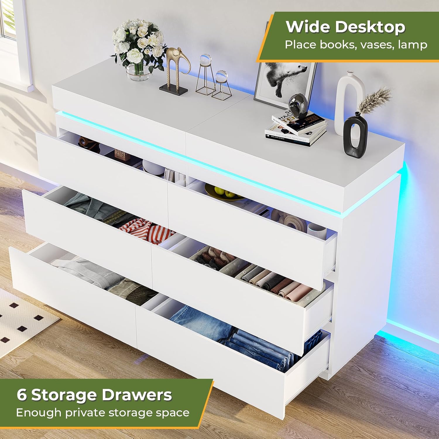 DICTAC Modern 6 Drawers White Dresser with Sliding Desktop, Wide Chest of Drawers with Charging Station & LED Lights, Large Storage Tower Clothes Organizer, White Dresser for Bedroom