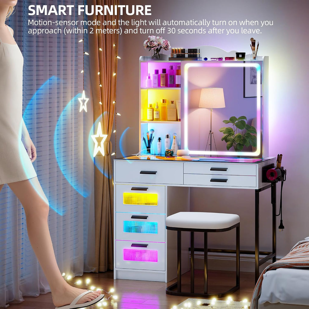 Glass Top Makeup Vanity Desk with RGB LED Light & Adjustable Mirror, Modern Makeup Dresser with Charging Station,Vanity Table Set with 6 Drawers & Hair Dryer Holder for Bedroom,White