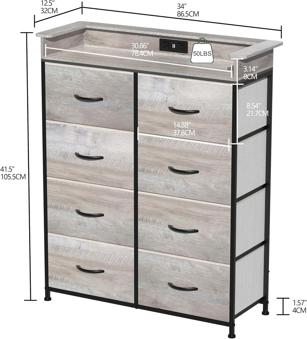 Dresser for Bedroom with Charing Station Grey Dresser with LED Lights Tall Dressers with 8 Drawers Storage Tower for Closet Living Room Hallway Entryway Sturdy Steel Frame Wood Top