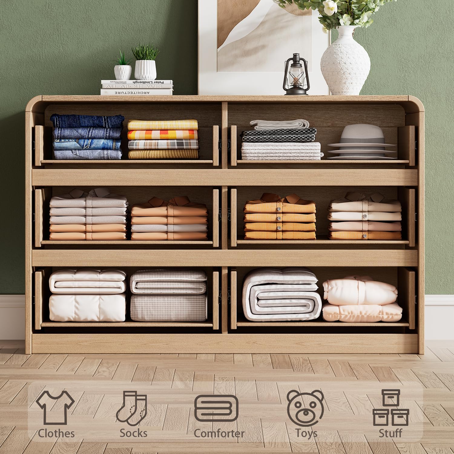 Ieejdn 47.2' Dresser with 6 Drawer, Wide Dresser with Recessed Glass Display & Silent Metal Rails, Handleless Chest of Drawers for Clothes, and Bedding, Oak