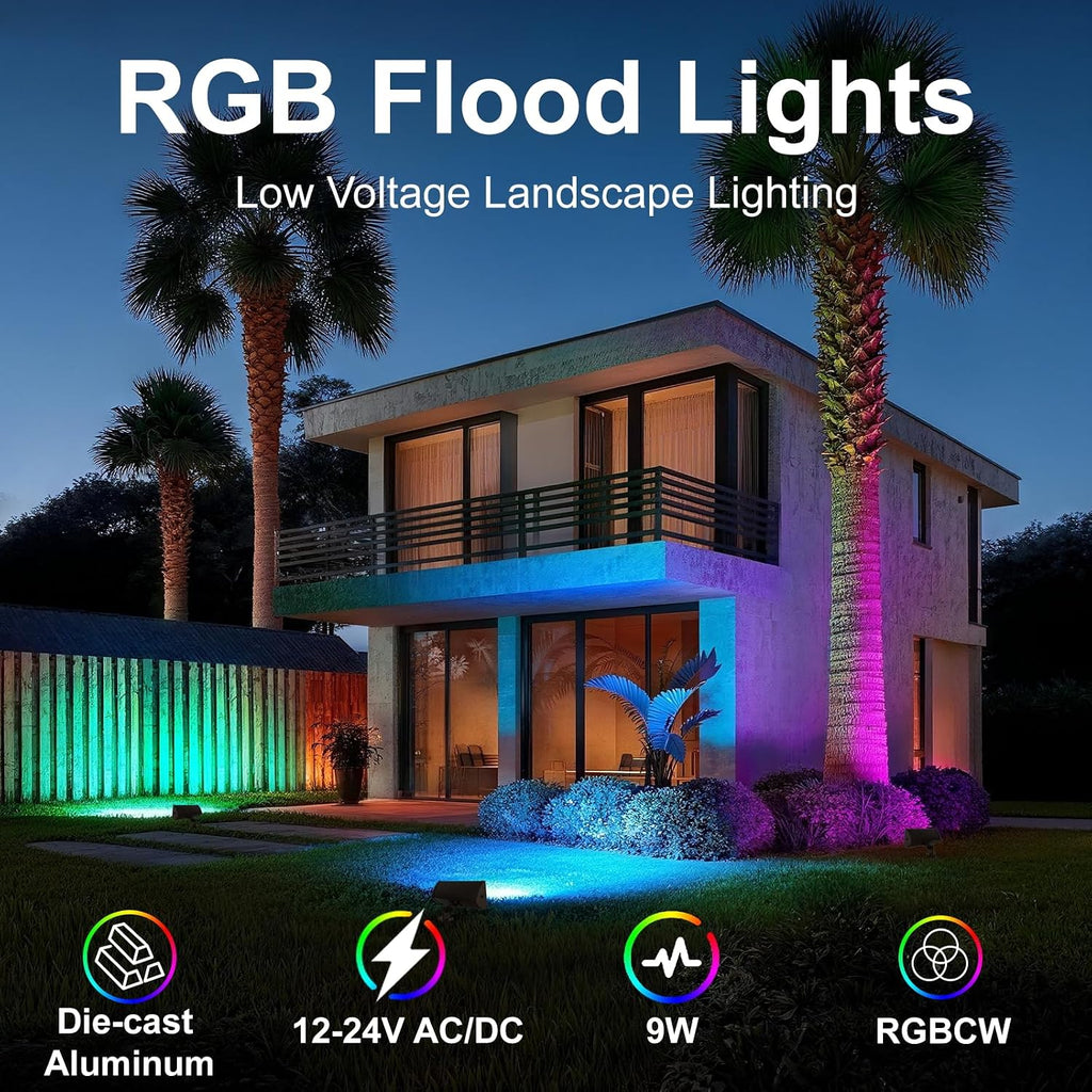 RGB Flood Lights Outdoor, 12V 9W LED Wired RGB Color Changing Low Voltage Landscape Flood Lighting for Outdoor Wall Washer House Uplight Tree, 1/2' NPT Threaded with Stake, Bronze, ETL, 4PK