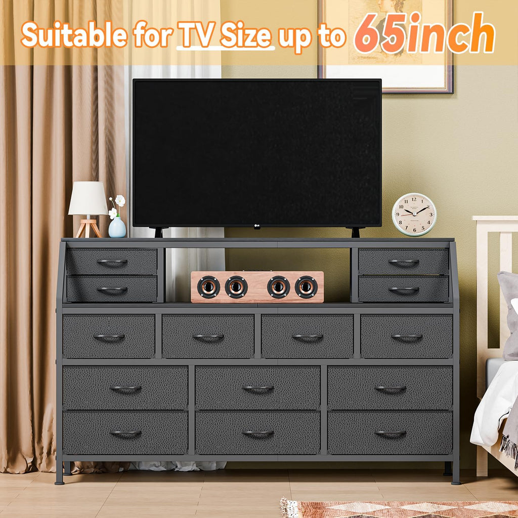 Dresser for Bedroom, 55' TV Stand with 14 Drawers, Long Dresser & Chests of Drawers with Shelves & Sturdy Metal Frame & Wood Top (Black)