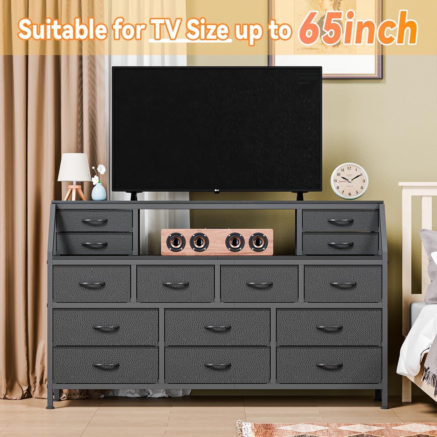 Dresser for Bedroom, 55' TV Stand with 14 Drawers, Long Dresser & Chests of Drawers with Shelves & Sturdy Metal Frame & Wood Top (Black)