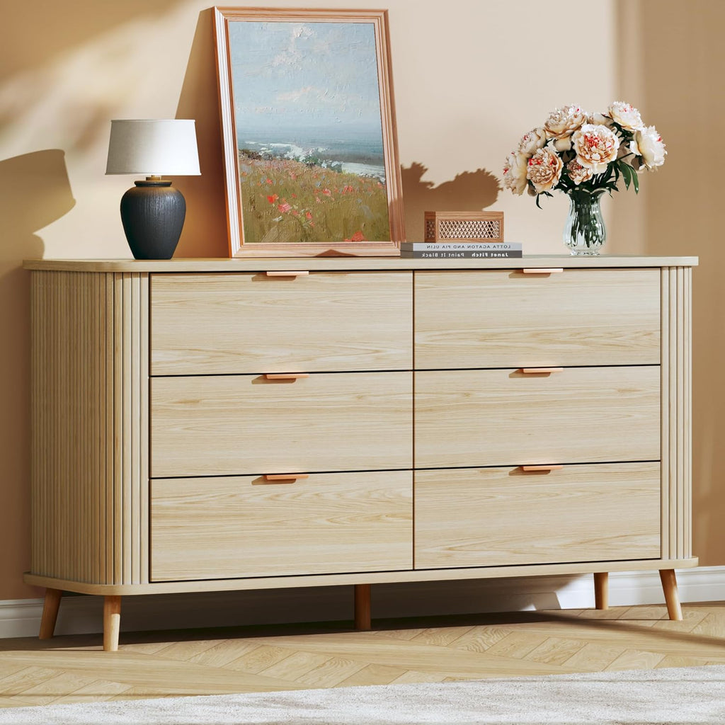 6 Drawer Dresser for Bedroom, Mid Century Modern Dresser with Curved Profile & Fluted Design, Wide Wood Chests of Drawers Storage for Bedroom, Entryway, Hallway, Oak