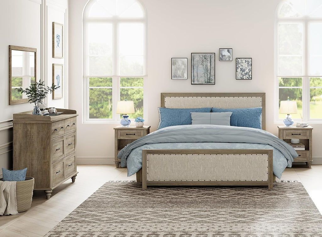 WAMPAT 3 Piece Bedroom Set - Includes 6 Drawer Dresser, Set of 2 Farmhouse Nightstands with Charging Station & Drawers & Cubby, 3 Piece Dresser and Nightstand Sets, Grey