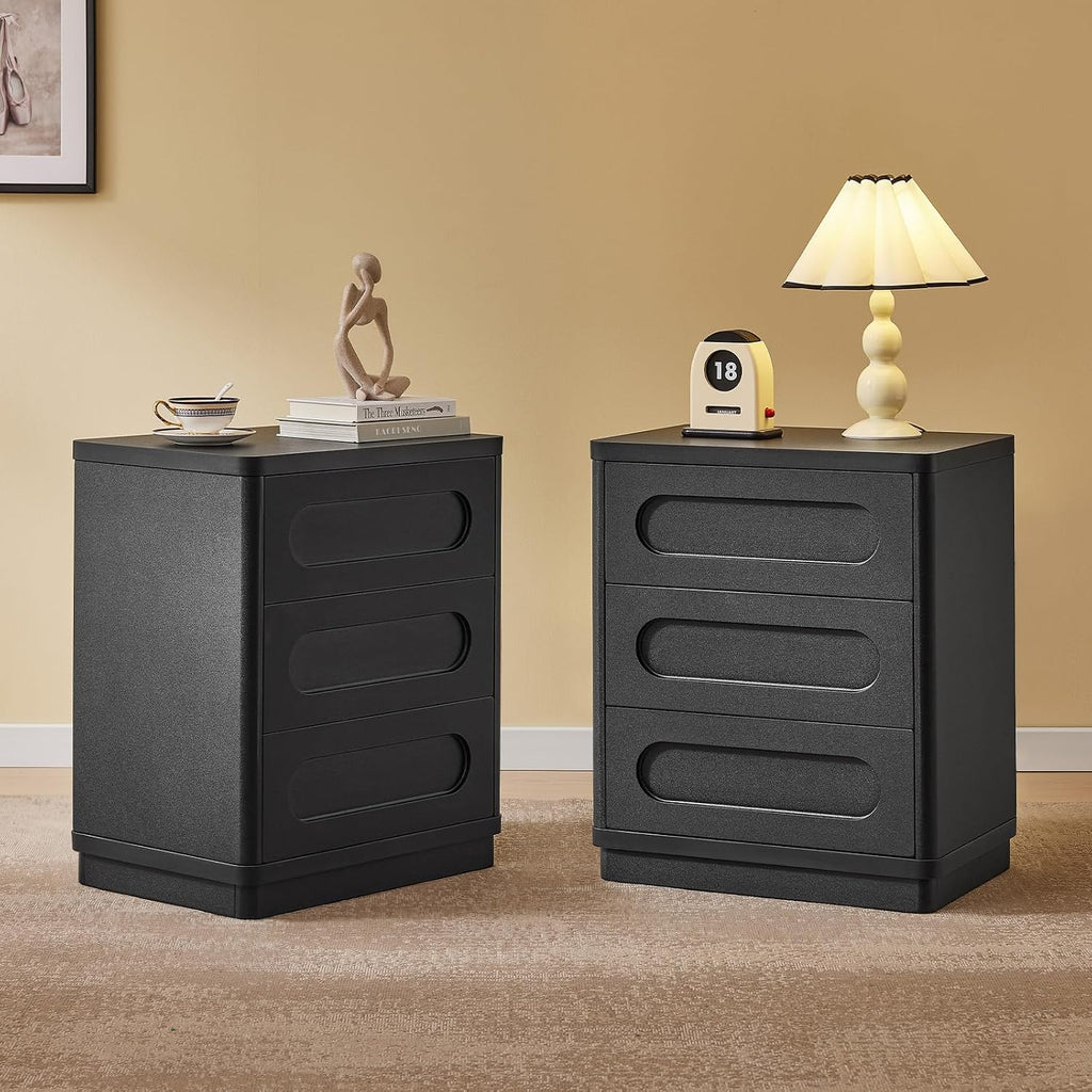 26.2' Tall Nightstand Set of 2, 21.7' W Night Stand with 3 Storage Drawers, Wood Beside Table, Rounded Corner Design for Bedroom (Black)
