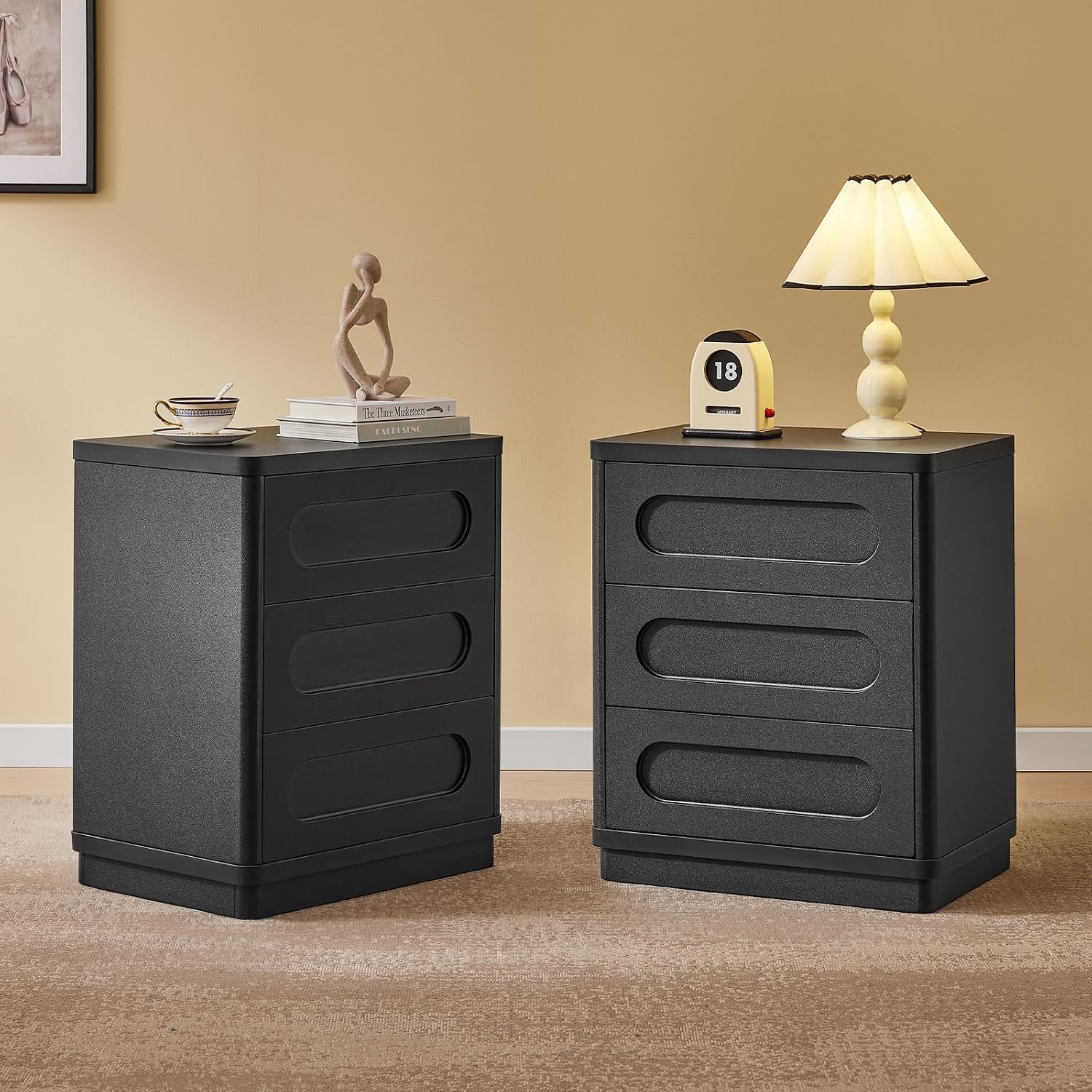 26.2' Tall Nightstand Set of 2, 21.7' W Night Stand with 3 Storage Drawers, Wood Beside Table, Rounded Corner Design for Bedroom (Black)
