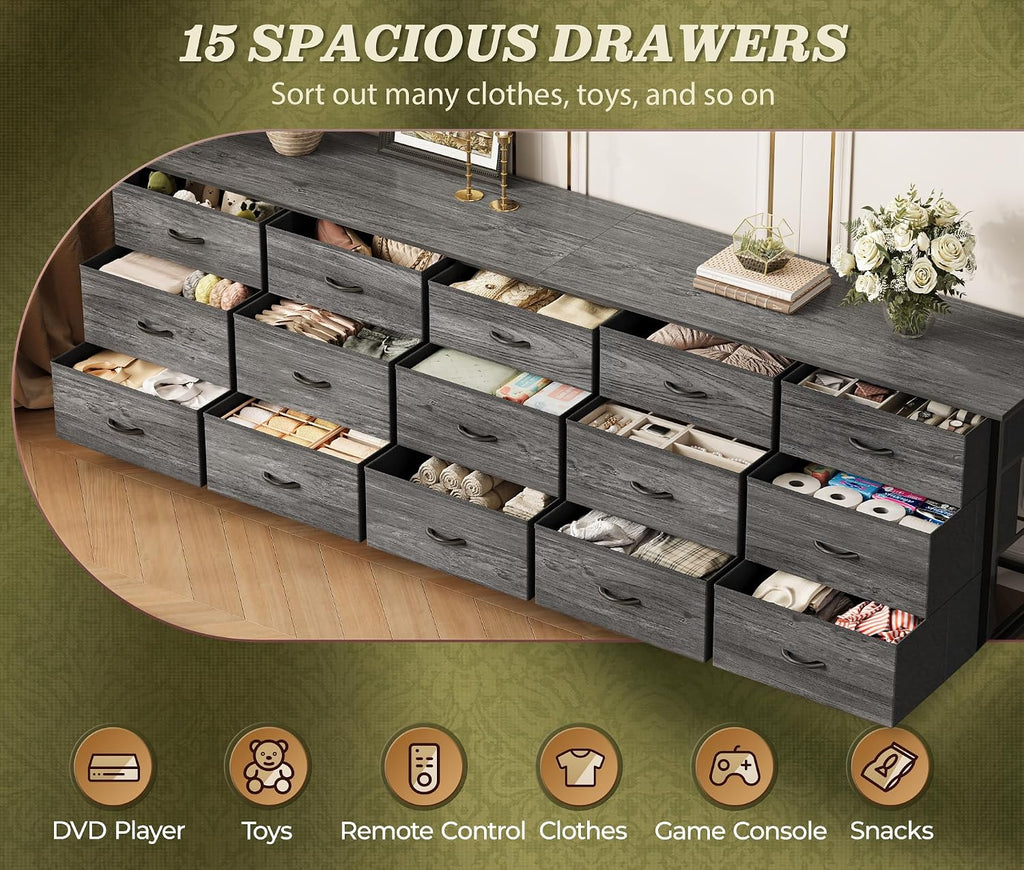 Huuger 78.7 inch Long Dresser for Bedroom, 15 Drawer Fabric Dresser for Closet, Large TV Stand for 65, 75, 85 inch TV, Wide Chest of Drawer with Storage, 78.7' W x 12.9' D x 26.7' H, Grey