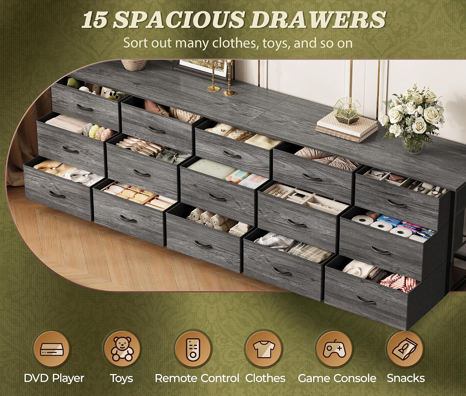 Huuger 78.7 inch Long Dresser for Bedroom, 15 Drawer Fabric Dresser for Closet, Large TV Stand for 65, 75, 85 inch TV, Wide Chest of Drawer with Storage, 78.7' W x 12.9' D x 26.7' H, Grey