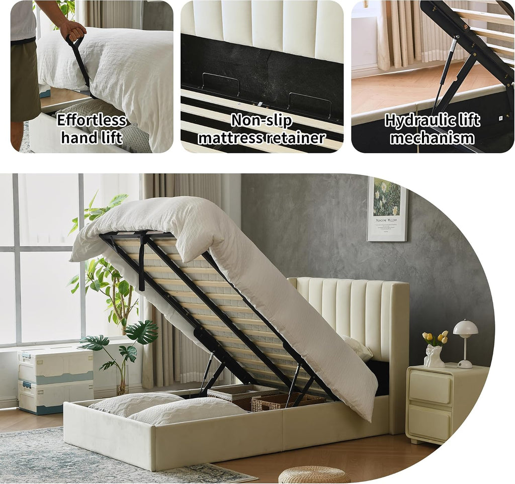YUHUASHI Queen Size Hydraulic Storage Bed, Upholstered Platform Bed Frame, Modern Wingback Design Headboard, Velvet Fabric with Hydraulic Support Bars, No Box Spring Required (Cream, Twin)