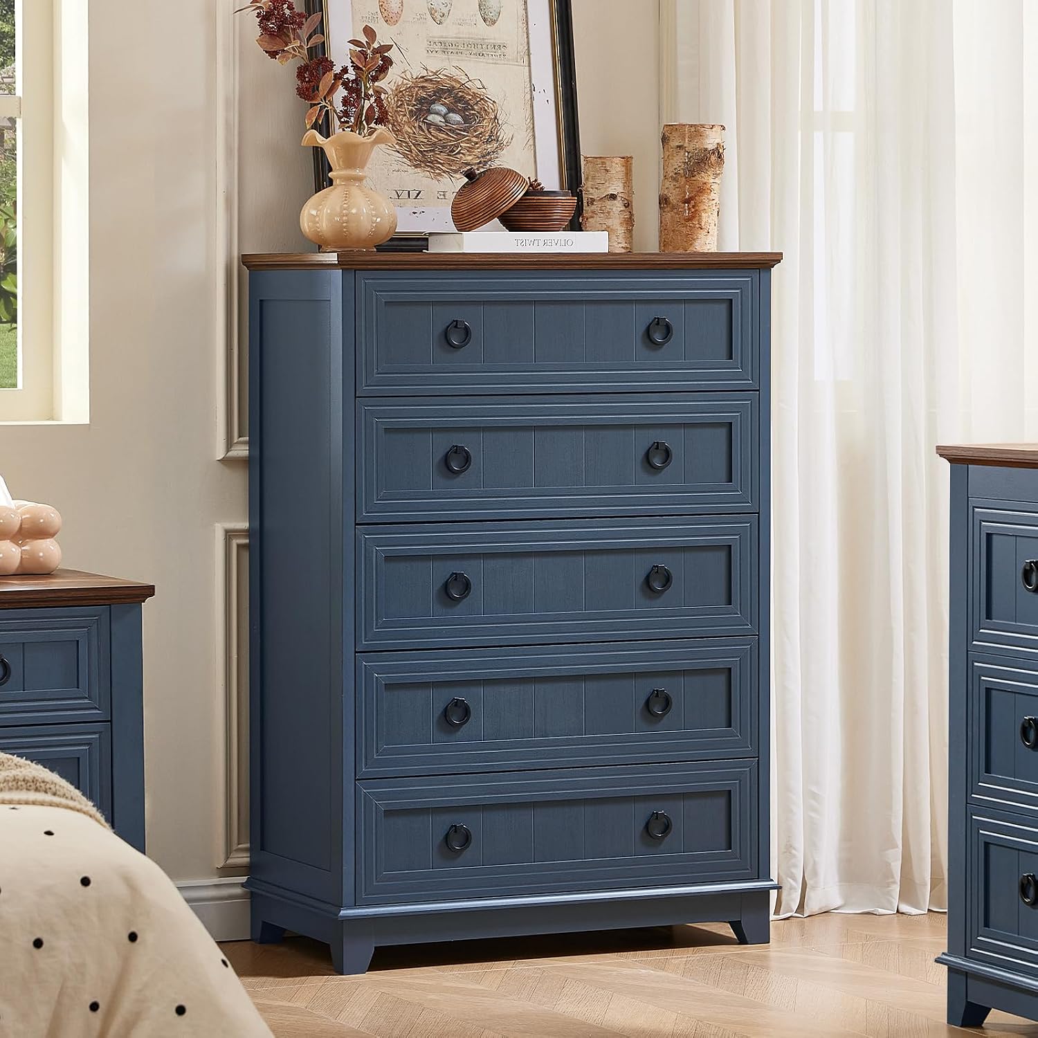 Joaxswe Farmhouse 5 Drawer Dresser for Bedroom Set of 2, 42' Tall Small Dressers & Chest of Drawers, Rustic Wood Dresser with Metal Handle, Storage Organizer Closet for Living Room, Hallway,Entryway