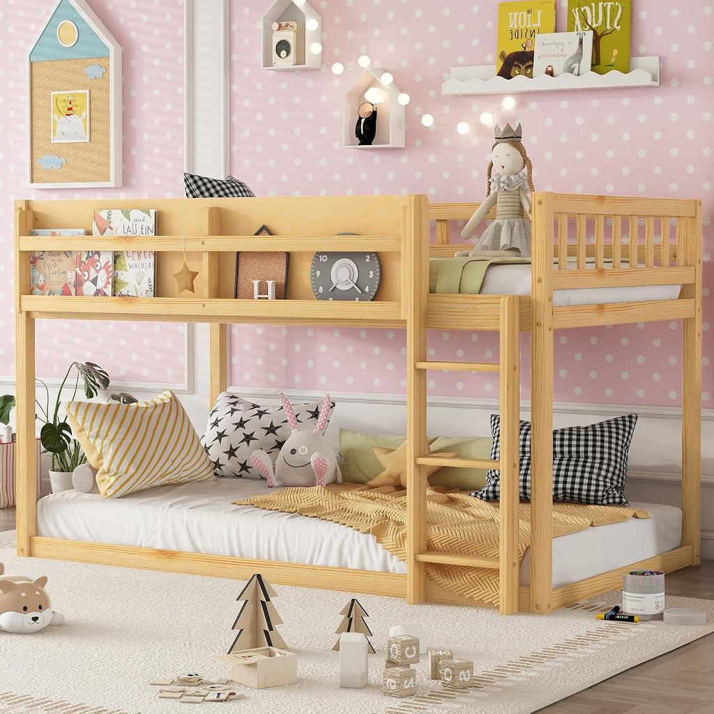 KEIKI Convertible Loft Bed Frame with Storage Shelf, Twin Over Twin Floor Bunk Bed with Ladder & Guardrails, Solid Kids Beds Frames for Boys Girls Bedroom, No Box Spring Needed, Easy Assembly, Brown