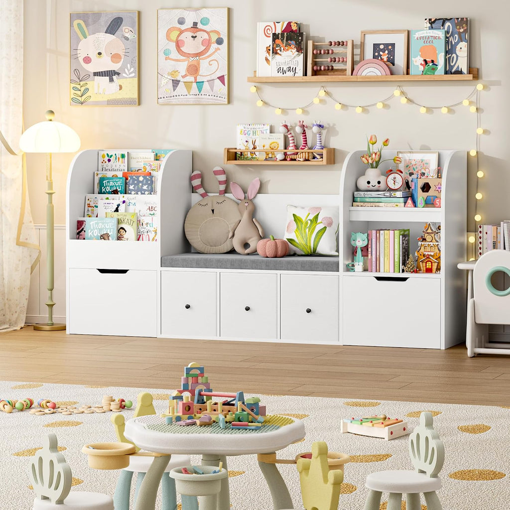 FOTOSOK 71' Toy Organizers and Storage with Seat Cushion, Kids Bookshelf with Reading Nook and 2 Movable Drawers & 3 Fabric Toy Chests, Kids Reading Nook Toy Storage with Bench for Playroom