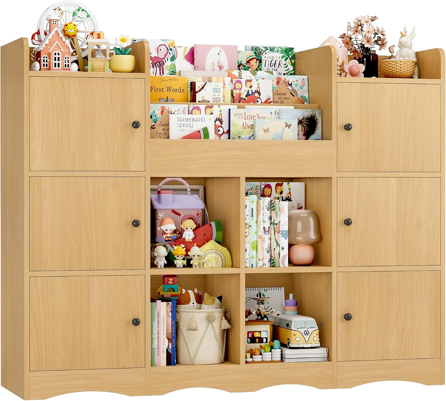 FINETONES Toy Shelf and Toy Storage, 55' Large Kids Bookshelf Toy Organizers and Storage with 10 Cubbies and 4 Tier Shelf, Toy Organizer and Chest with Raised-Edge Top Shelf for Playroom, Natural