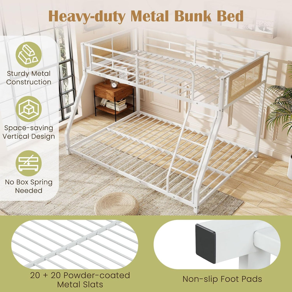 Giantex Twin Over Full Metal Bunk Bed, Boho Rattan Floor Bunkbeds with Ladder & Full-length Guardrails, Heavy Duty Metal Slats Support Bed Frame for Teens, Adults, Guests, No Box Spring Needed (White)