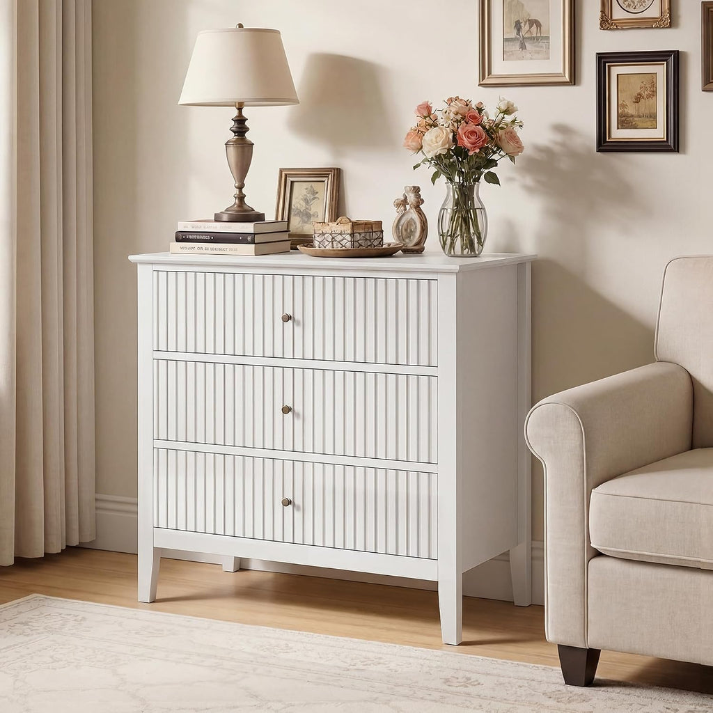 RoyalCraft White Fluted 3 Drawer Dresser, 32 inch Wide Dresser Nightstand for Bedroom, Modern Wood Chest of Drawers, Large Painted Nightstand with 3 Drawers for Closet, Hallway, Entryway