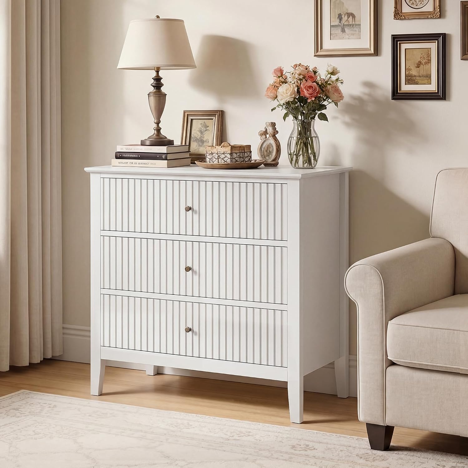 RoyalCraft White Fluted 3 Drawer Dresser, 32 inch Wide Dresser Nightstand for Bedroom, Modern Wood Chest of Drawers, Large Painted Nightstand with 3 Drawers for Closet, Hallway, Entryway
