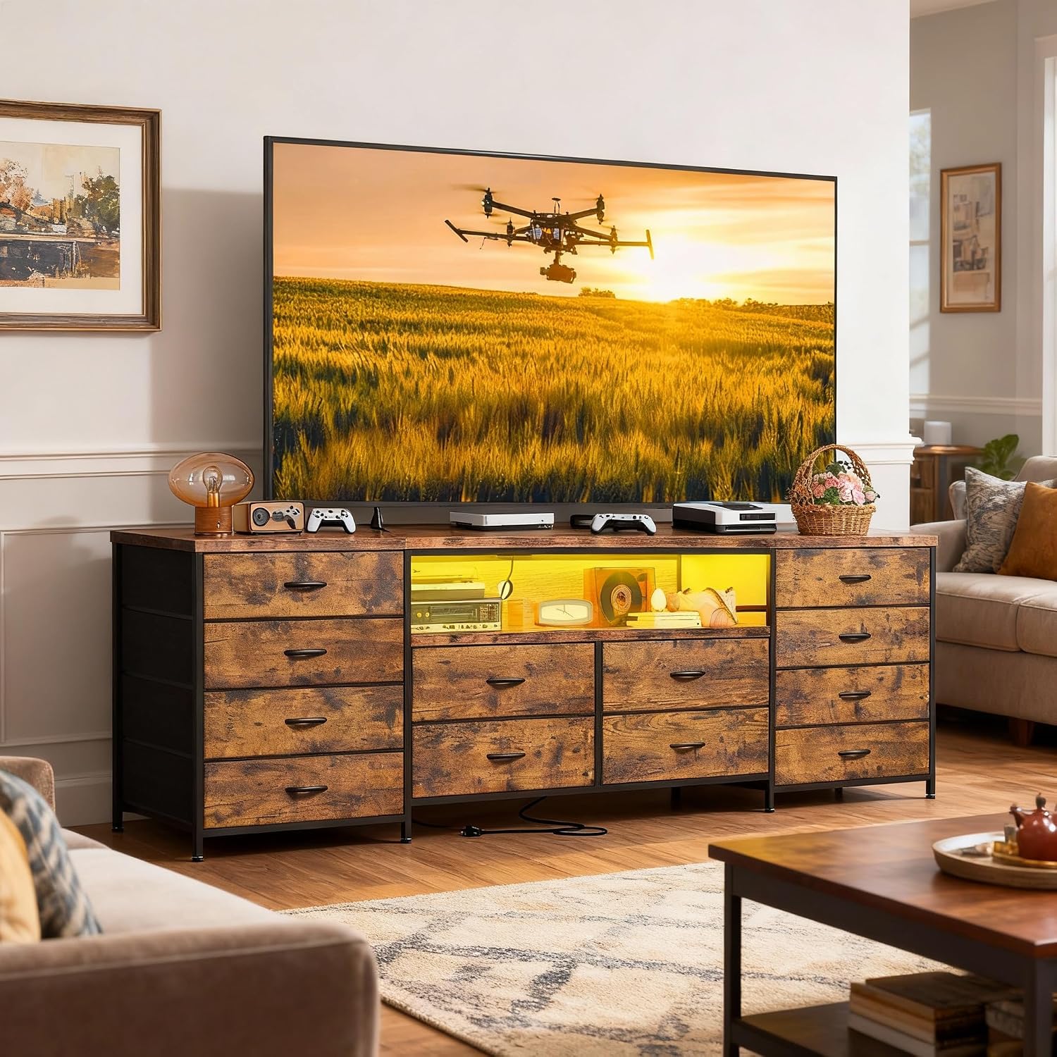 EnHomee 63' W TV Stand Fits 65/70 Inch TV, 12 Drawers Dresser with LED Lights & Power Outlets, Entertainment Center Long Fabric Dresser for Bedroom, Living Room, Hallway, Rustic Brown
