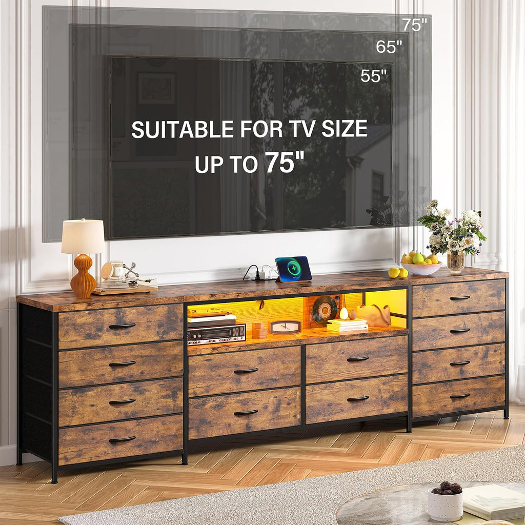 EnHomee 63' W TV Stand Fits 65/70 Inch TV, 12 Drawers Dresser with LED Lights & Power Outlets, Entertainment Center Long Fabric Dresser for Bedroom, Living Room, Hallway, Rustic Brown