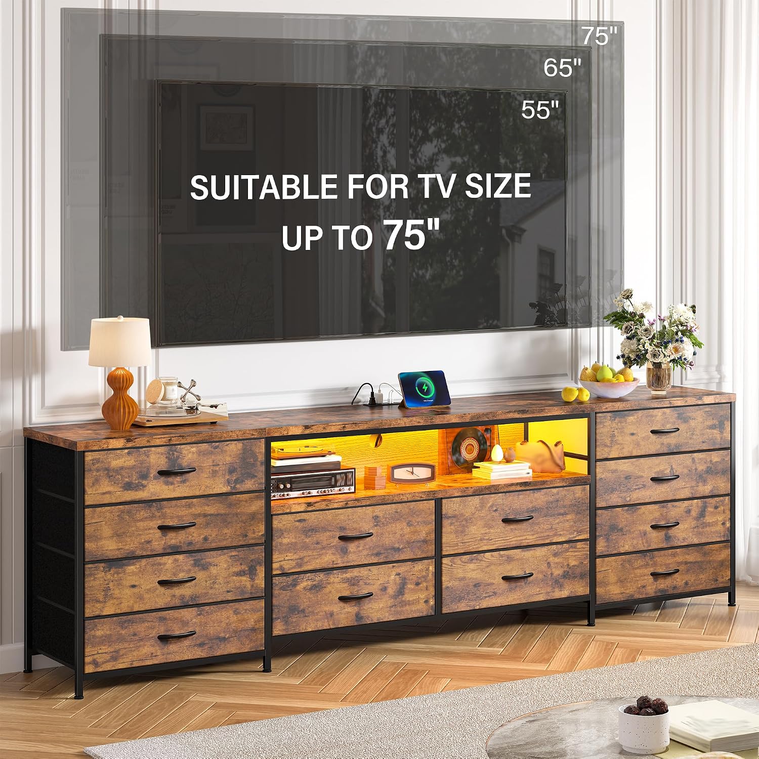EnHomee 63' W TV Stand Fits 65/70 Inch TV, 12 Drawers Dresser with LED Lights & Power Outlets, Entertainment Center Long Fabric Dresser for Bedroom, Living Room, Hallway, Rustic Brown