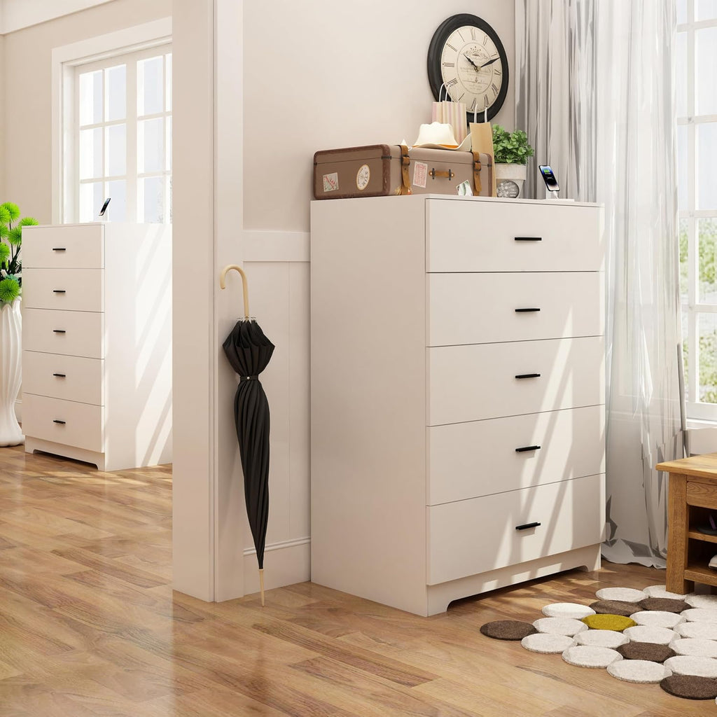 GEPELCN Dresser for Bedroom with Power Outlets Wood 5 Drawer Dresser with Large Storage Space White Chest of Drawers with Smooth Metal Rail Tall Storage Organizer for Bedroom Living Room Closet