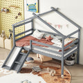 Twin Size Low Loft Bed with Slide and Ladder,Bed Frame W/Safety Guardrails & House Shape Roof,for Bedroom,Apartment,Guest Room,Easy Assembly,Grey