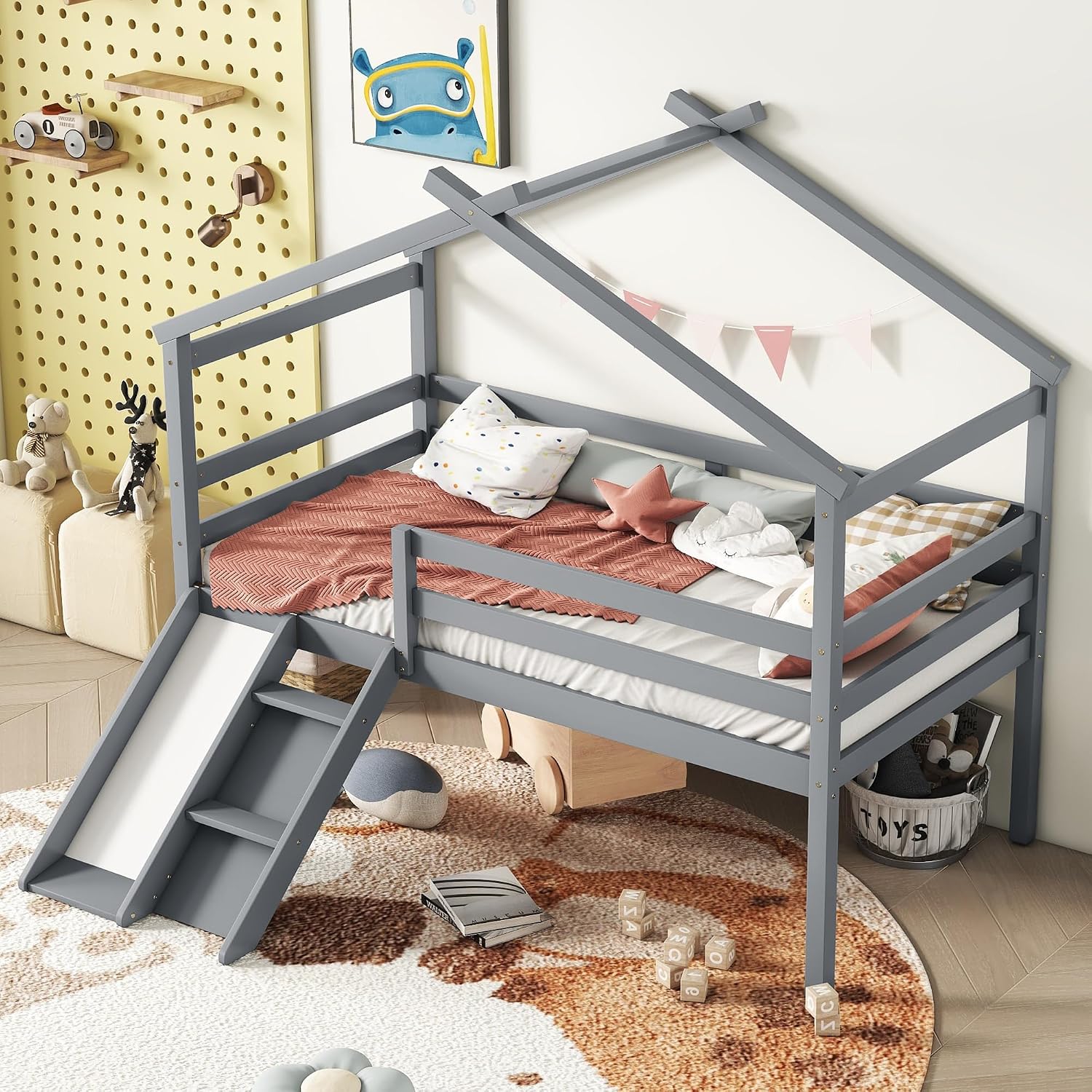 Twin Size Low Loft Bed with Slide and Ladder,Bed Frame W/Safety Guardrails & House Shape Roof,for Bedroom,Apartment,Guest Room,Easy Assembly,Grey