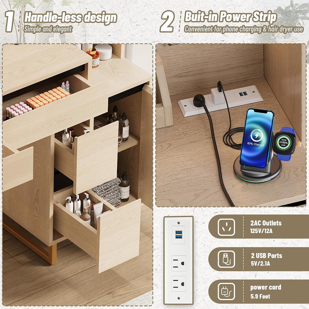 Vanity Desk with Mirror Lights, 41 Inch Makeup Vanity Table 10x Magnifying Mirror Charging Station Drawers Shelves Cabinet Adjustable 3 Color Brightness Dressing Table for Bedroom (Oak)
