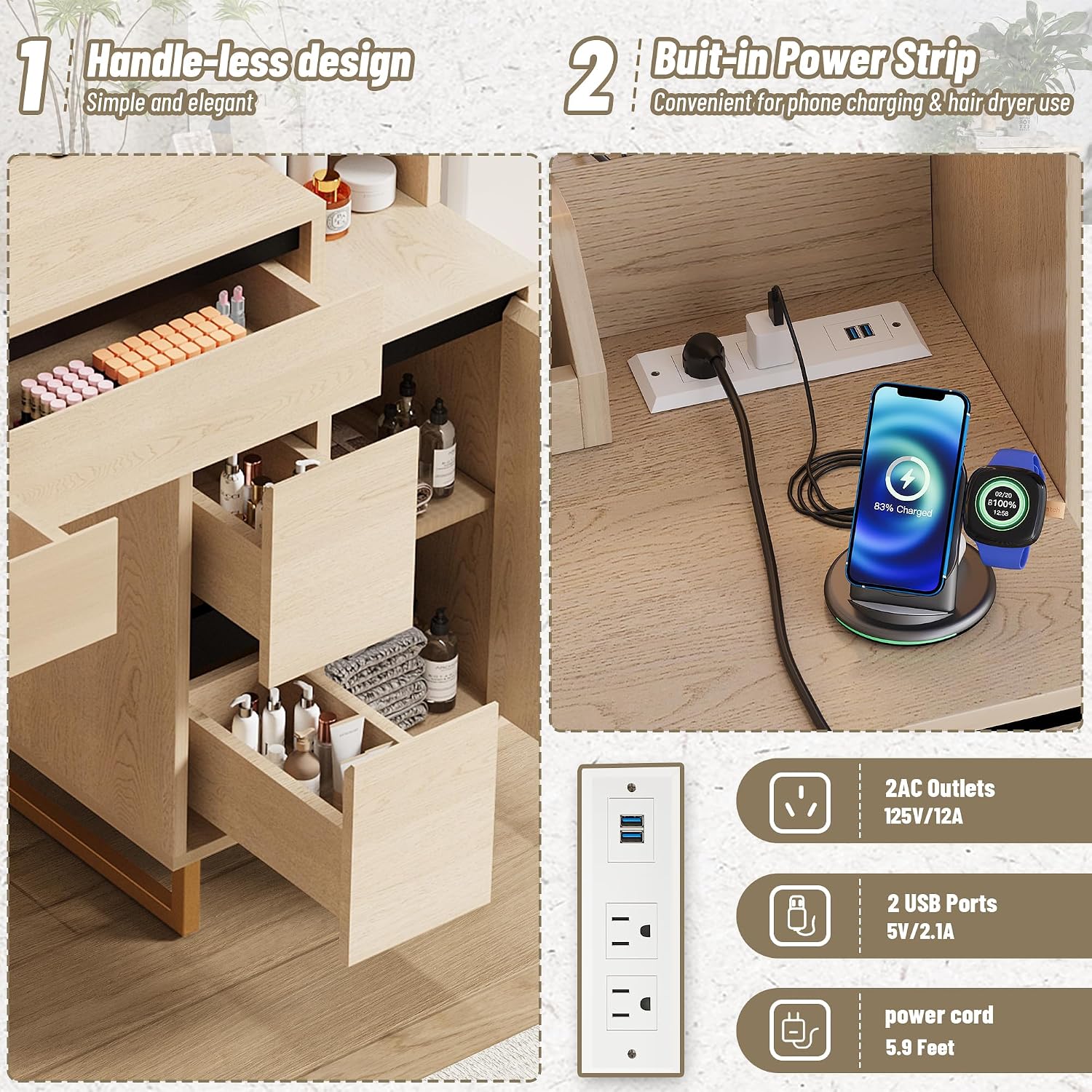 Vanity Desk with Mirror Lights, 41 Inch Makeup Vanity Table 10x Magnifying Mirror Charging Station Drawers Shelves Cabinet Adjustable 3 Color Brightness Dressing Table for Bedroom (Oak)