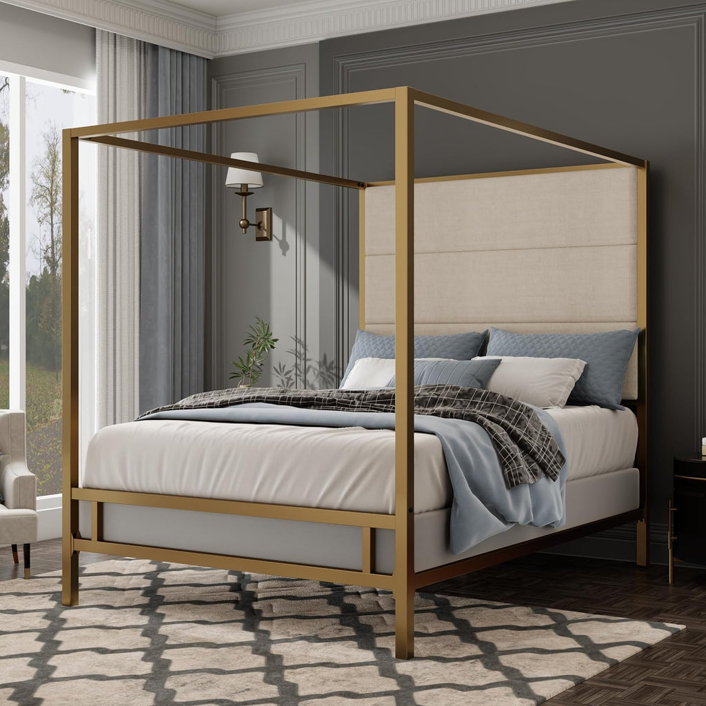 Modern Metal King Size Canopy Platform Bed with with Tall Linen Fabric Upholstered Headboard and 4 Poster Design, Box Spring Needed (Gold+Tan, King)