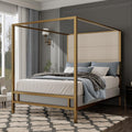 Modern Metal King Size Canopy Platform Bed with with Tall Linen Fabric Upholstered Headboard and 4 Poster Design, Box Spring Needed (Gold+Tan, King)