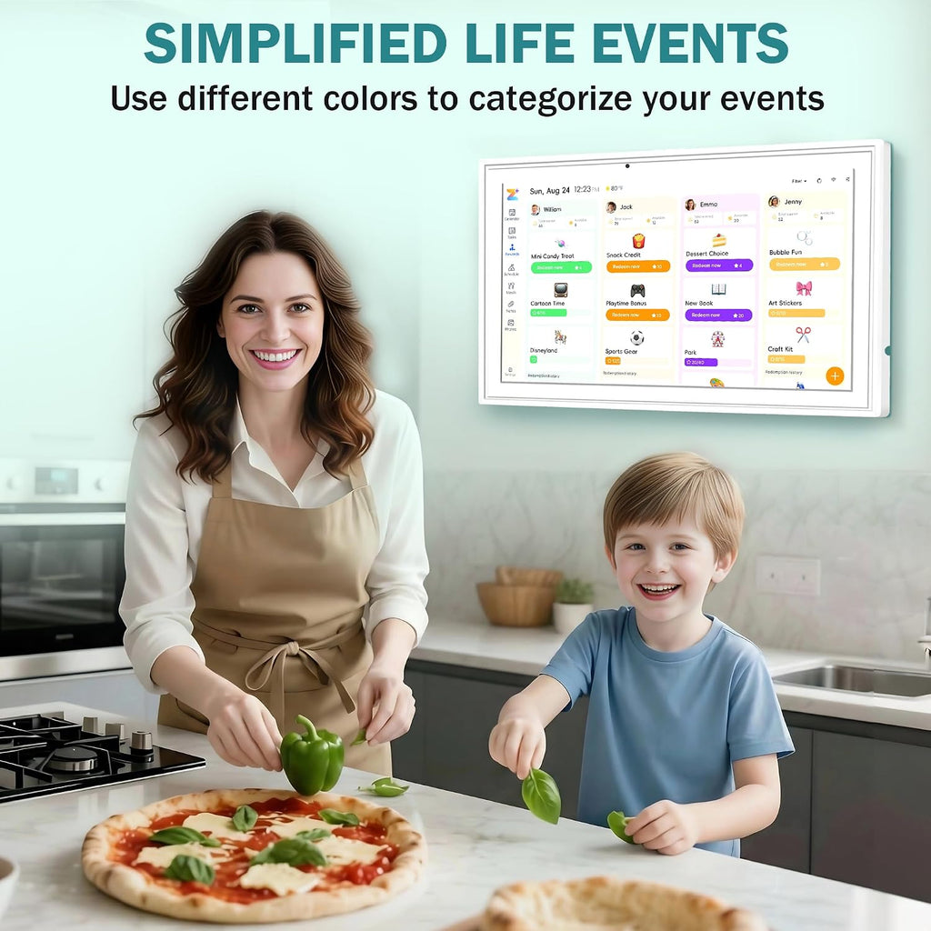 Digital Calendar Wall Touch Screen, 21.5 Inch Electronic Smart Calendar with Google Play & Multi-Calendar Sync, Electronic Planner & Chore Chart for Family Schedules Meal White