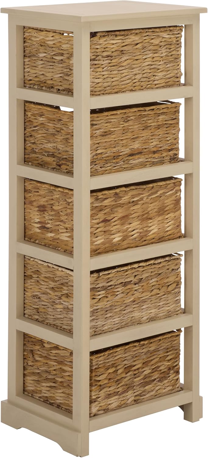 SAFAVIEH Furniture - Vedette 5-Basket Storage Tower - Sand - Solid Wood - Coastal Basket Tower Design - Ideal for Entryway, Living Room, 17.5' W x 13.5' D x 46' H - Fully Assembled (AMH5739G)
