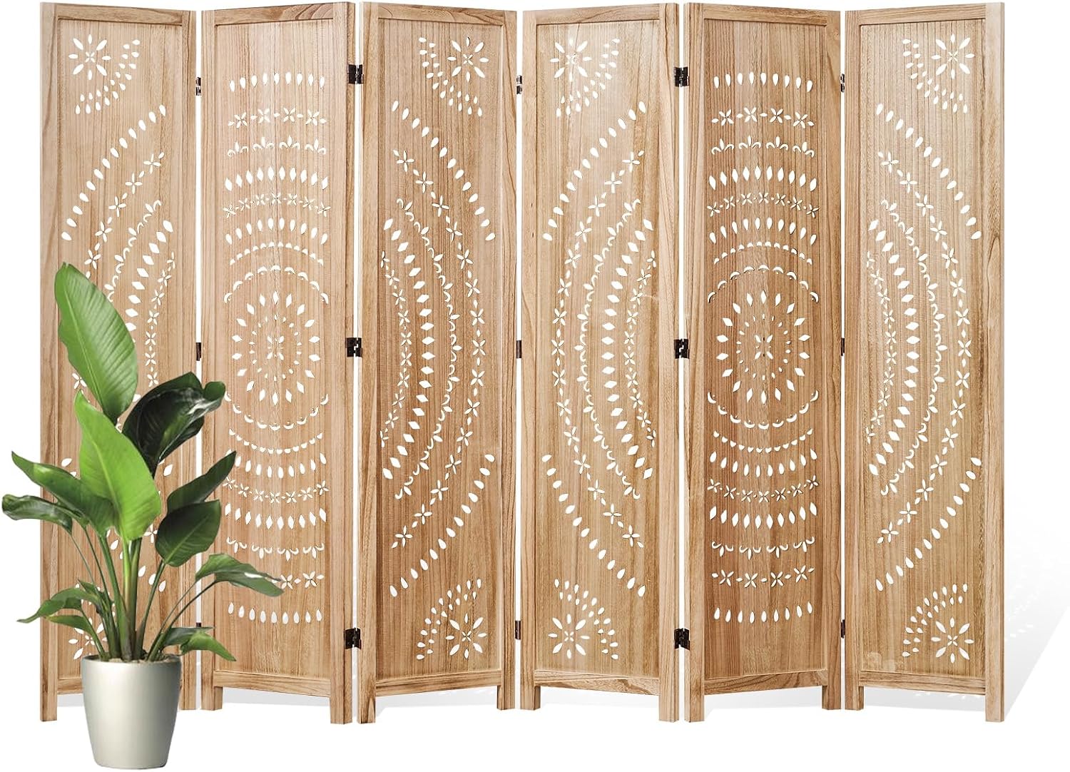 66.9Inch Folding Room Divider, 6 Panels Wood Carved Privacy Screens, Free Assembled Freestanding Partition for Home Office Restaurant Bedroom (Natural)