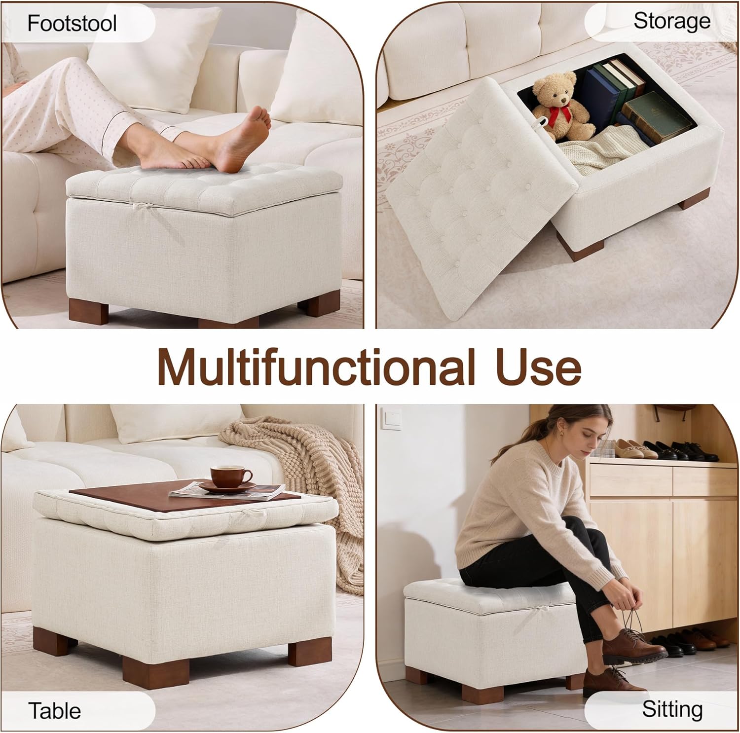 WUTUTUEE 24' Square Fabric Storage Ottoman with Wooden Tray Top, Modern Tufted Button Upholstered Footstool Coffee Table, Multifunctional Small Storage Ottoman for Living Room Bedroom, Beige