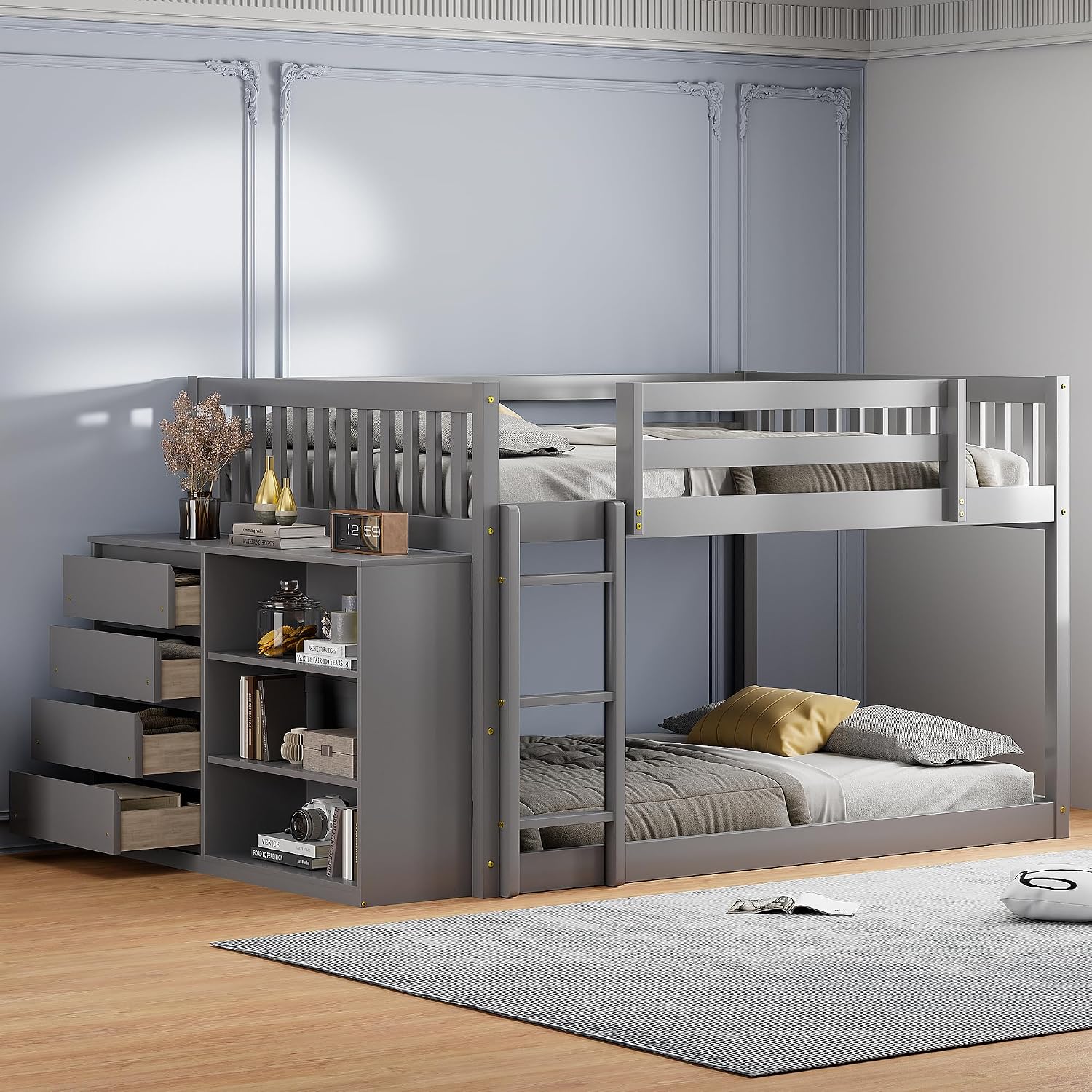 Merax Full Over Full Bunk Bed with 4 Storage Drawers and 3 Shelves, Wooden Floor Bunk Bedframe with Guardrail & Ladders, No Box Spring Needed, Easy Assembly