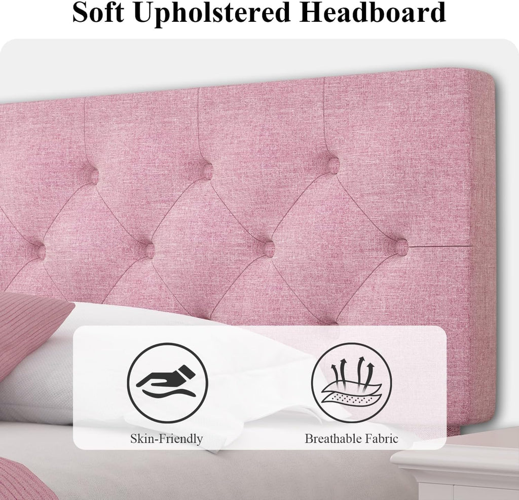 HOMBCK King Size Bed Frame, Linen Fabric Upholstered Bed Frame King Size with Headboard, Wood Slats Support, Button Tufted Design, No Box Spring Needed, Pink
